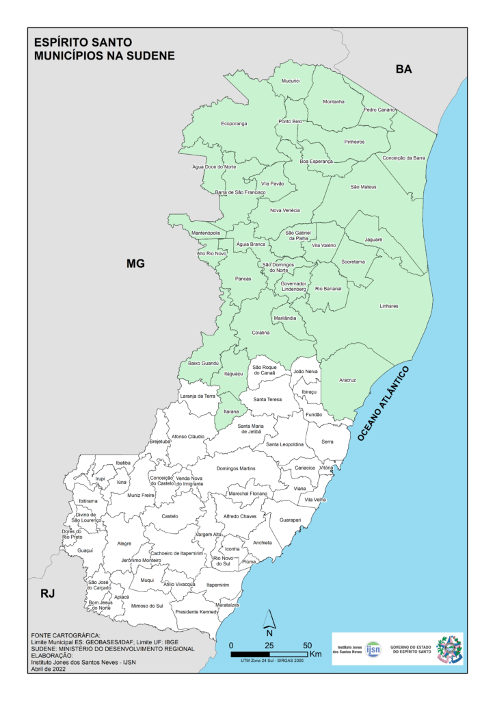 Mapa dos municípios do Espírito Santo abrangidos pela SUDENE